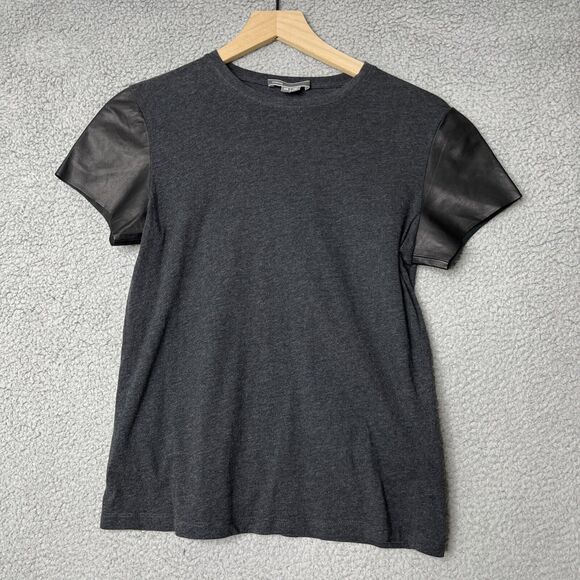 Vince Top XS Leather Short Sleeve Gray Jersey Crewneck Luxury Shirt Minimalist - Picture 1 of 10